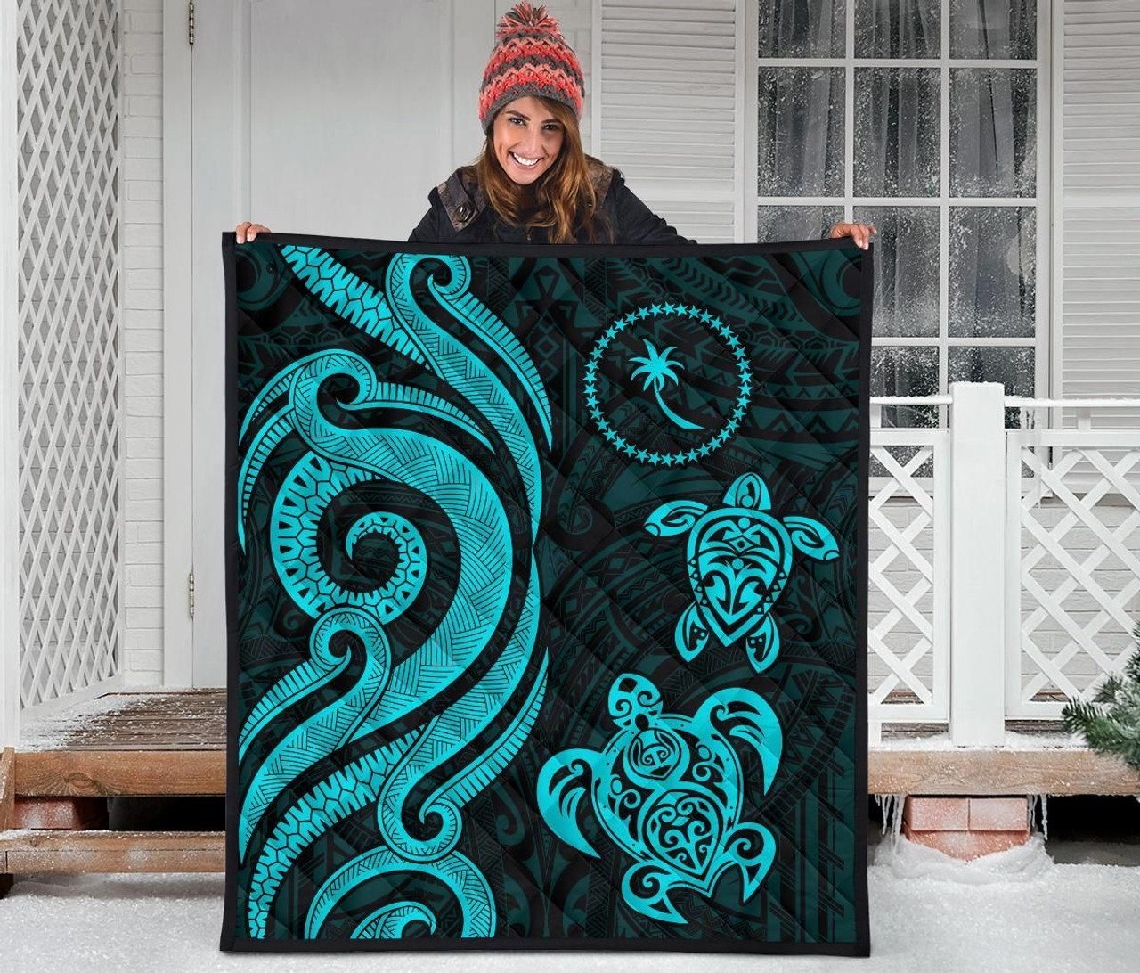 Chuuk Micronesian Premium Quilt - Turquoise Tentacle Turtle 3