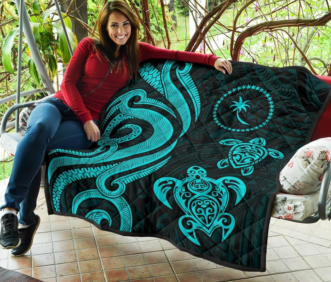 Chuuk Micronesian Premium Quilt - Turquoise Tentacle Turtle 7