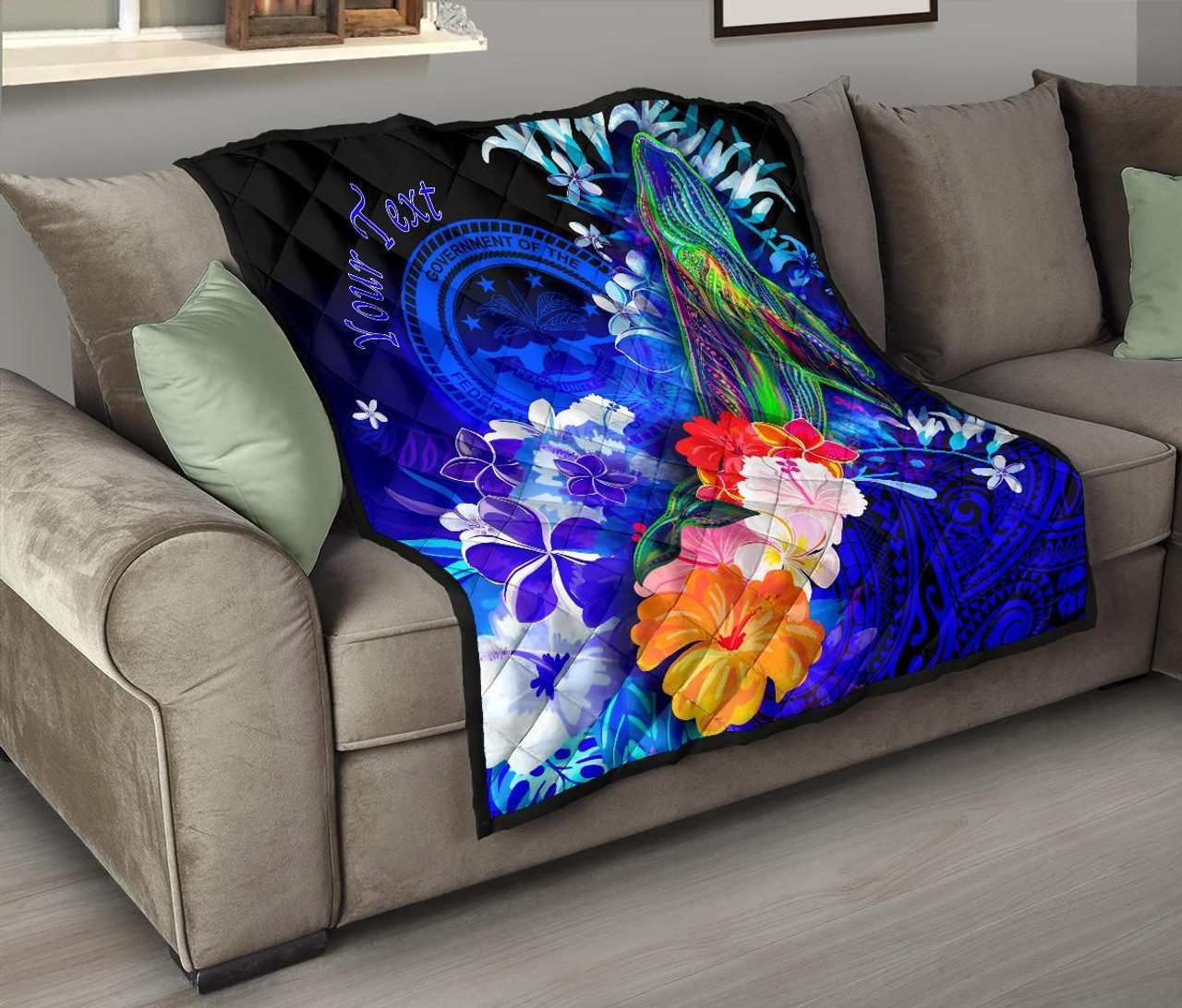 Federated States of Micronesia Custom Personalised Premium Quilt - Humpback Whale with Tropical Flowers (Blue) 9
