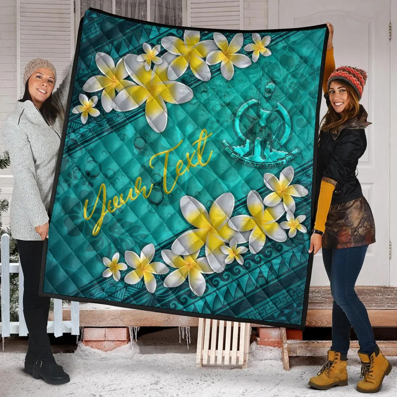 Vanuatu Polynesian Custom Personalised Quilt - Plumeria With Blue Ocean 3