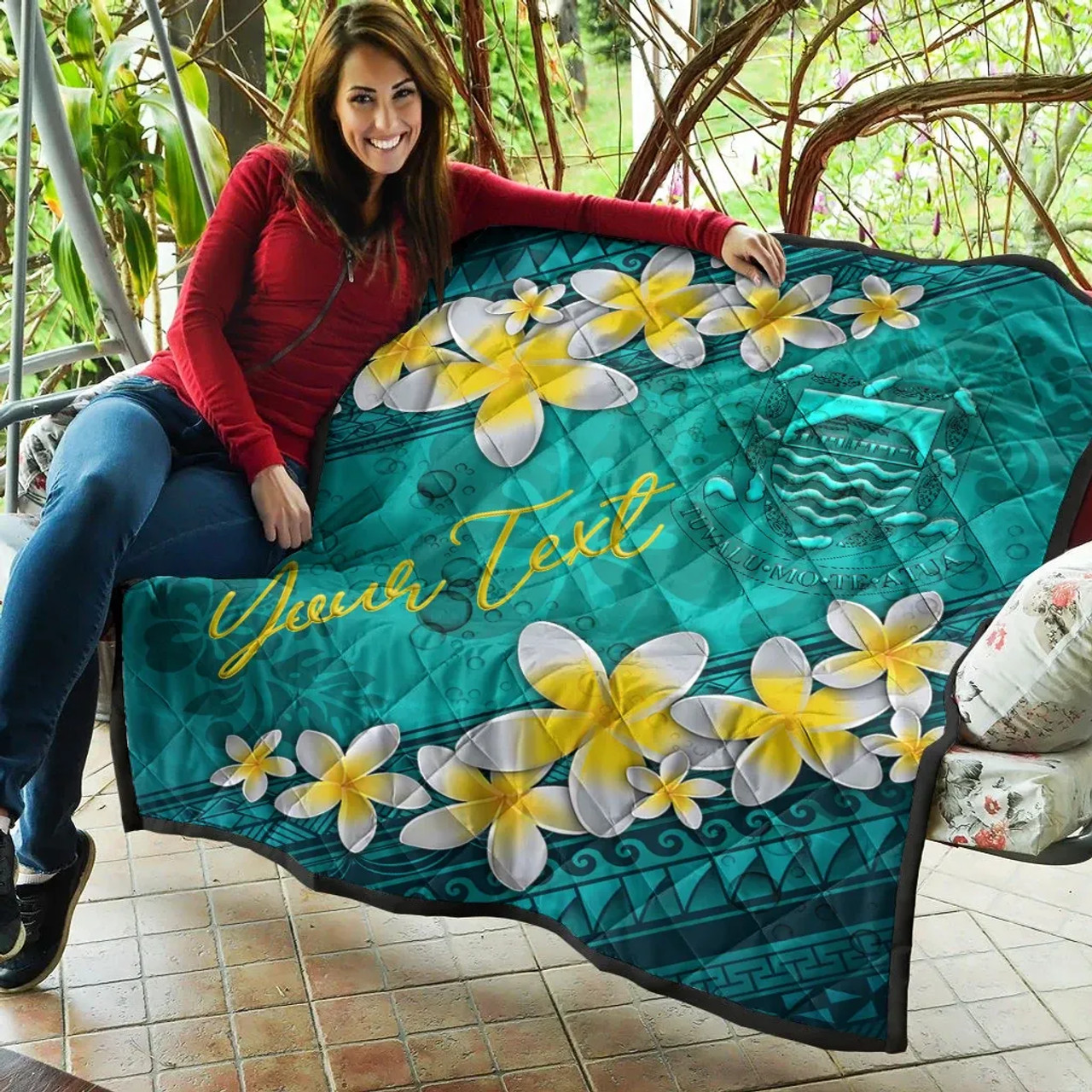 Tuvalu Polynesian Custom Personalised Quilt - Plumeria With Blue Ocean 8