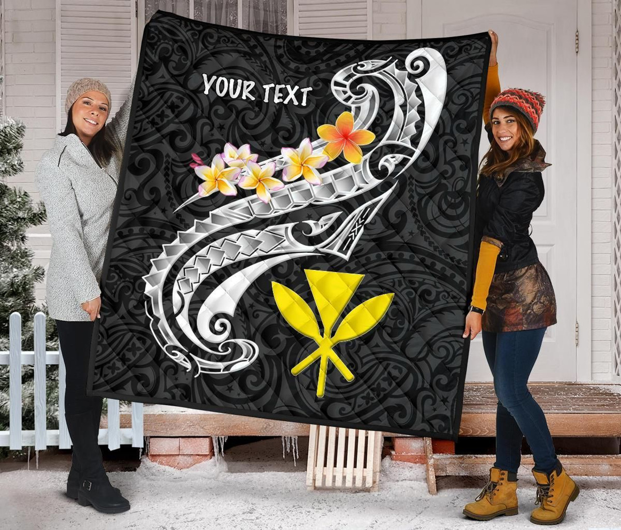 Hawaii Custom Personalised Premium Quilt - Kanaka Maoli Polynesian Patterns Plumeria (Black) 2