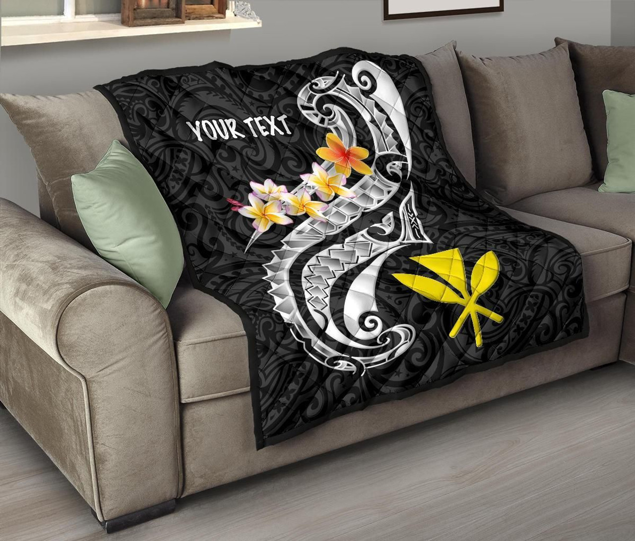 Hawaii Custom Personalised Premium Quilt - Kanaka Maoli Polynesian Patterns Plumeria (Black) 9