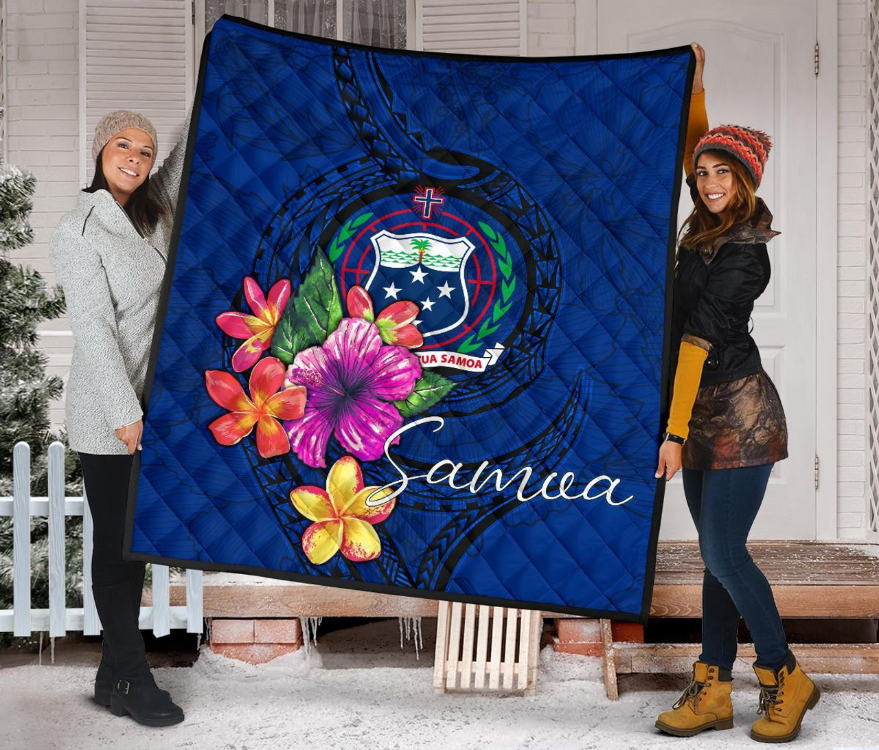 Samoa Polynesian Premium Quilt - Floral With Seal Blue 3