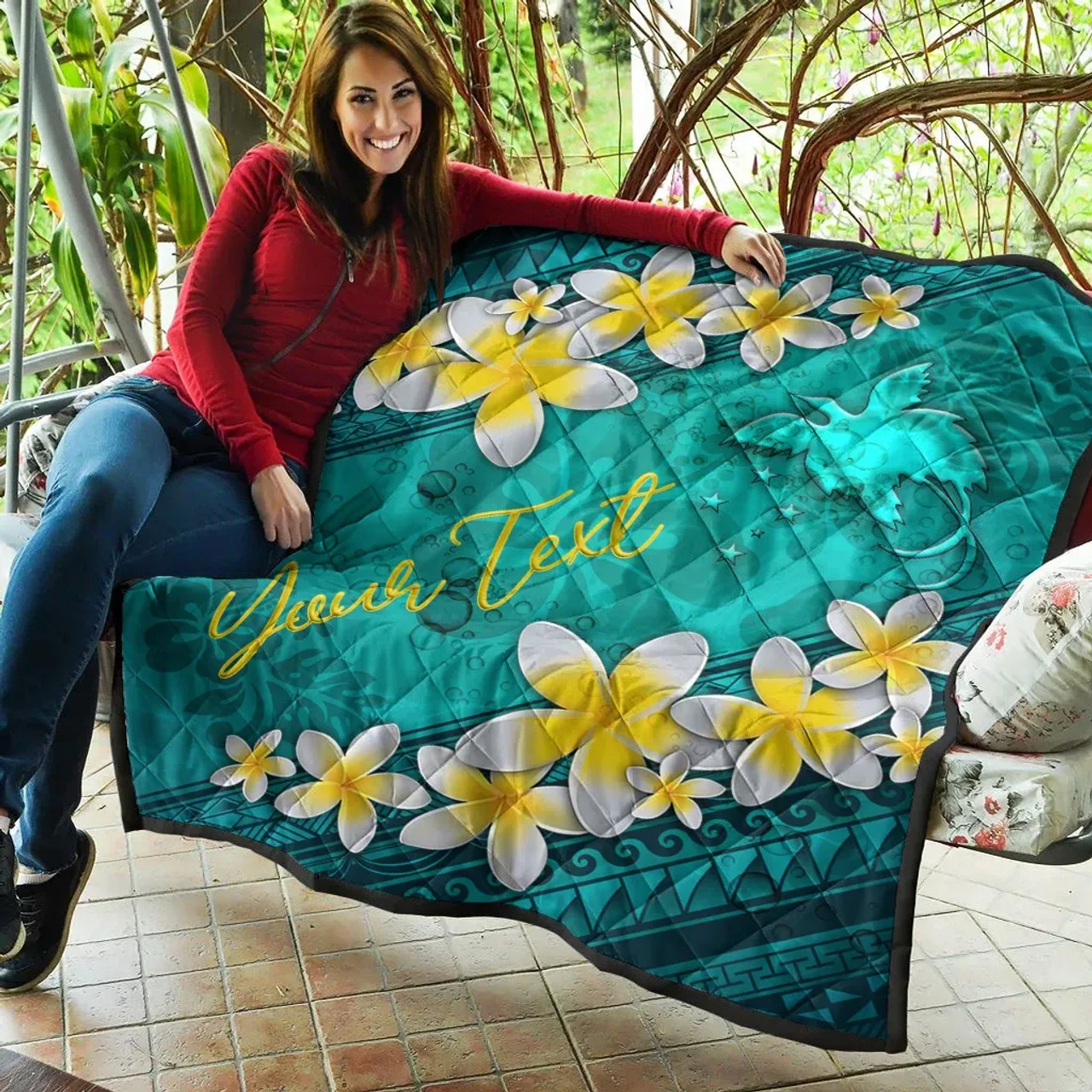 Papua New Guinea Polynesian Custom Personalised Quilt - Plumeria With Blue Ocean 8