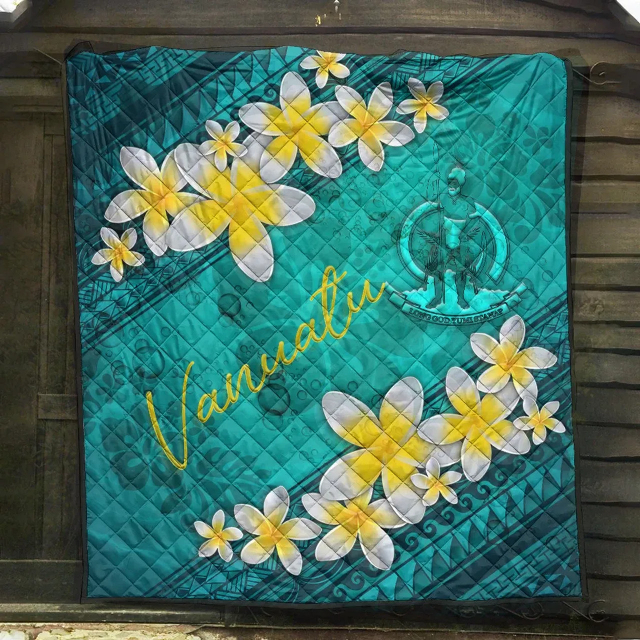 Vanuatu Polynesian Quilt - Plumeria With Blue Ocean 5