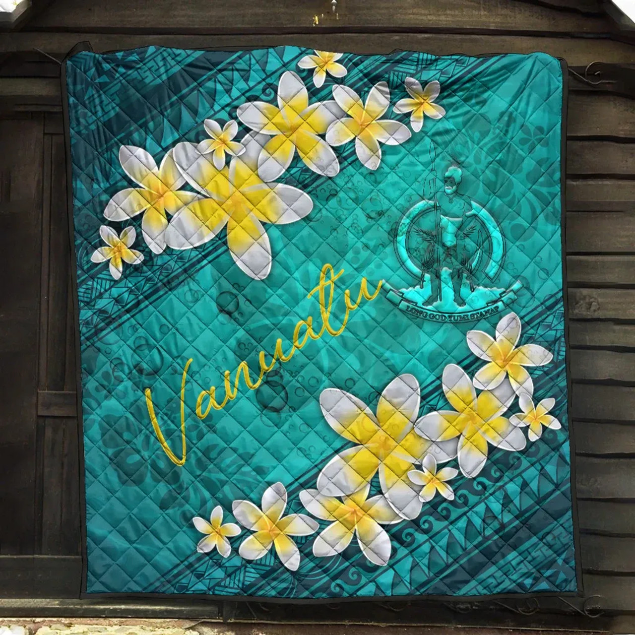 Vanuatu Polynesian Quilt - Plumeria With Blue Ocean 6