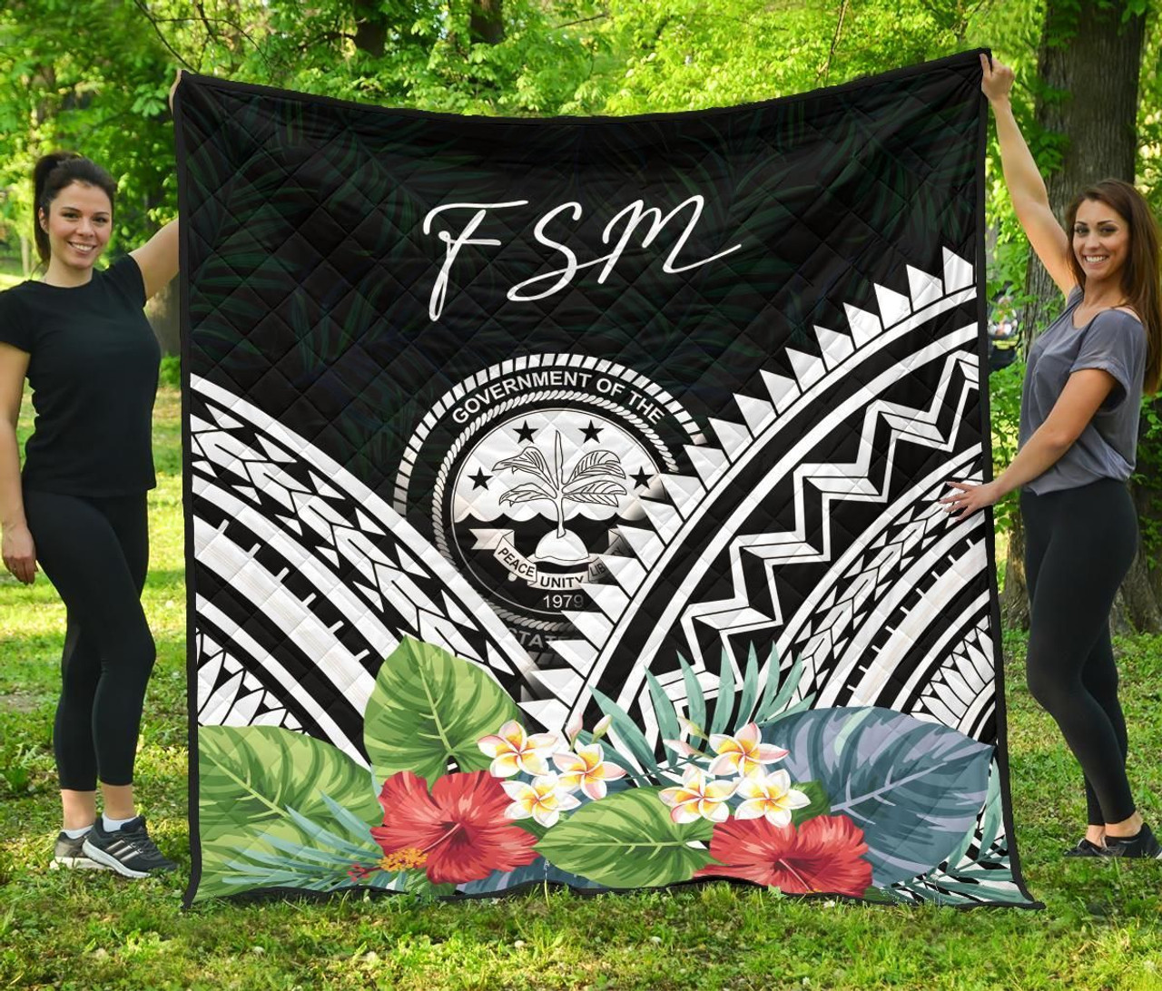 FSM Premium Quilt - FSM Coat of Arms & Polynesian Tropical Flowers White 1