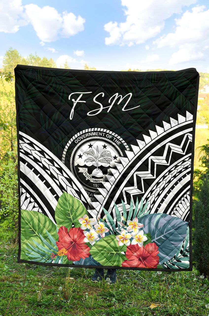 FSM Premium Quilt - FSM Coat of Arms & Polynesian Tropical Flowers White 4