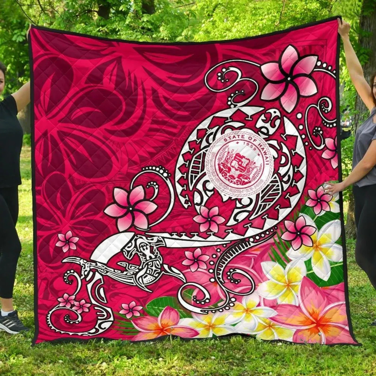 Hawaii Polynesian Premium Quilt - Hawaii Seal With Turtle Plumeria (Pink) 1