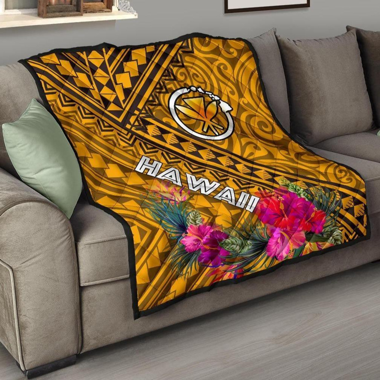 Hawaii Premium Quilt - Kanaka Maoli With Hibiscus On Polynesian Patterns (Yellow) 1