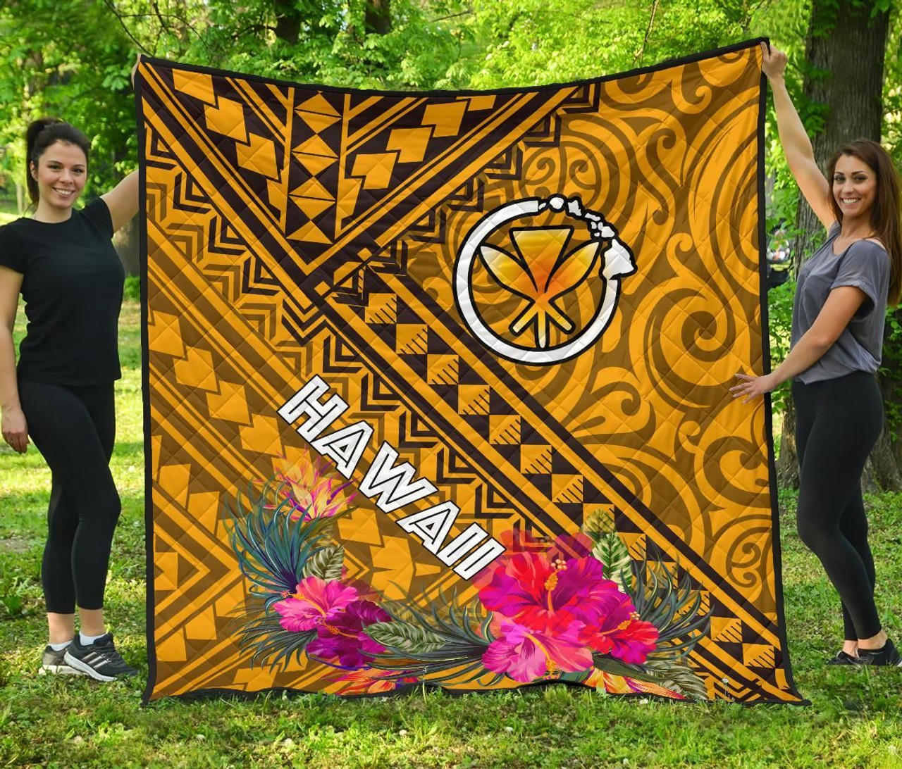 Hawaii Premium Quilt - Kanaka Maoli With Hibiscus On Polynesian Patterns (Yellow) 8