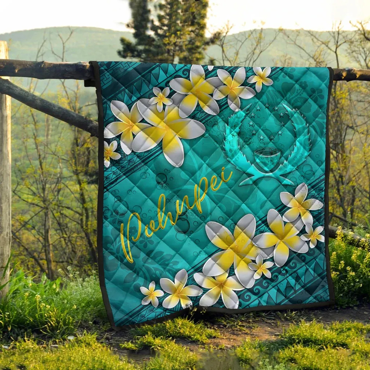 Pohnpei Polynesian Quilt - Plumeria With Blue Ocean 9