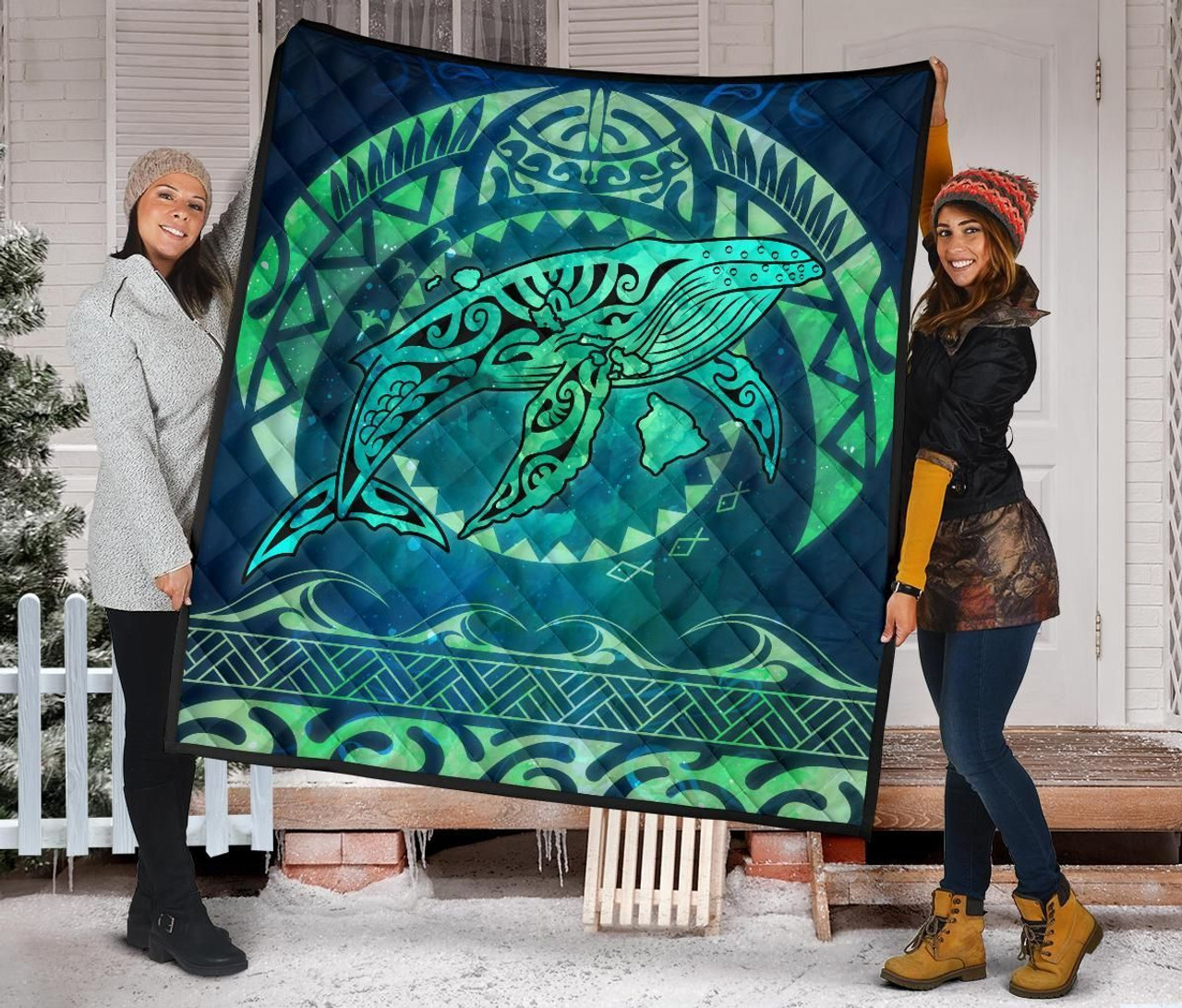 Polynesian Hawaii Premium Quilt - Whale Hawaii Map Green Galaxy 2