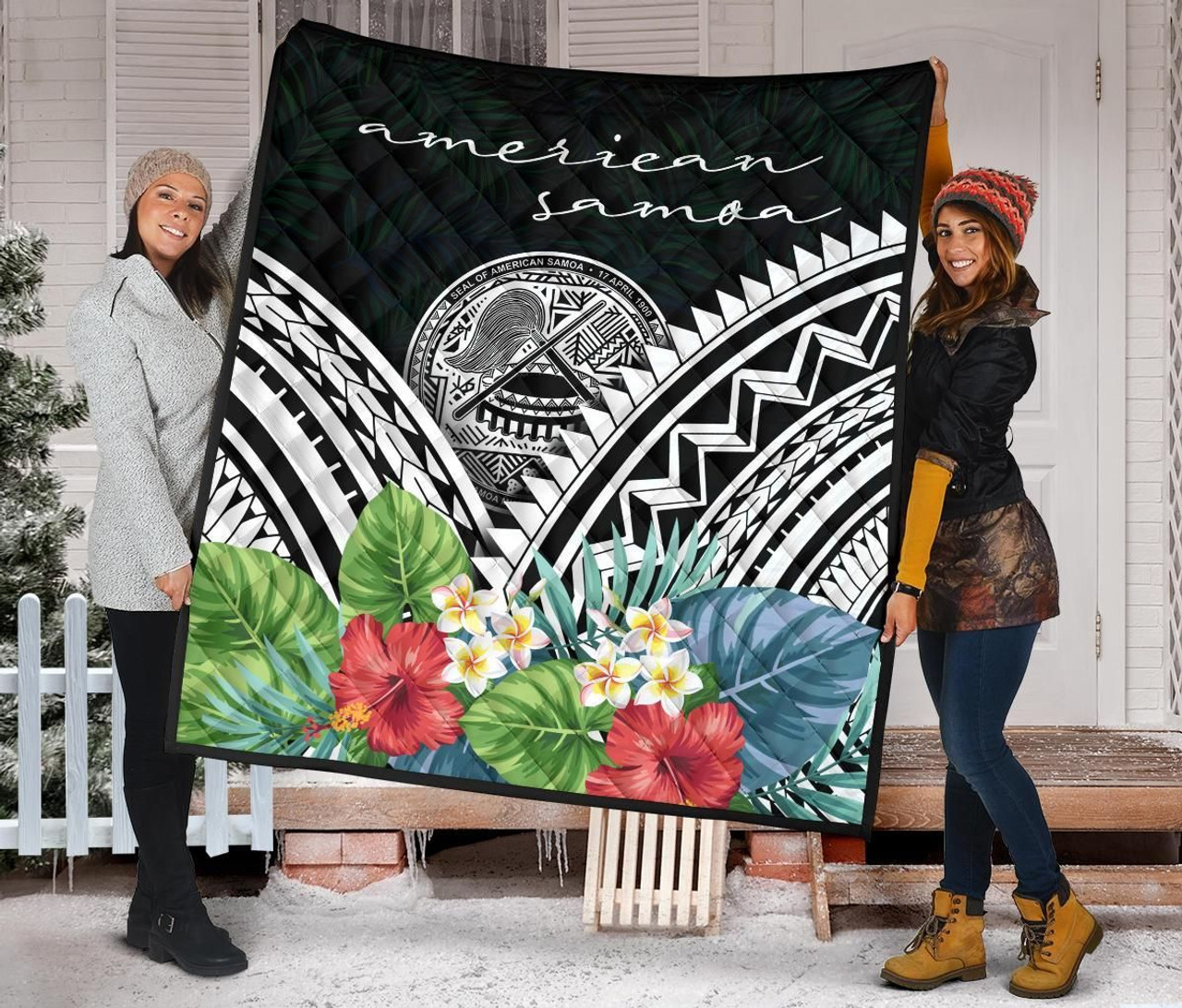 American Samoa Premium Quilt - American Samoa Coat of Arms & Polynesian Tropical Flowers White 2