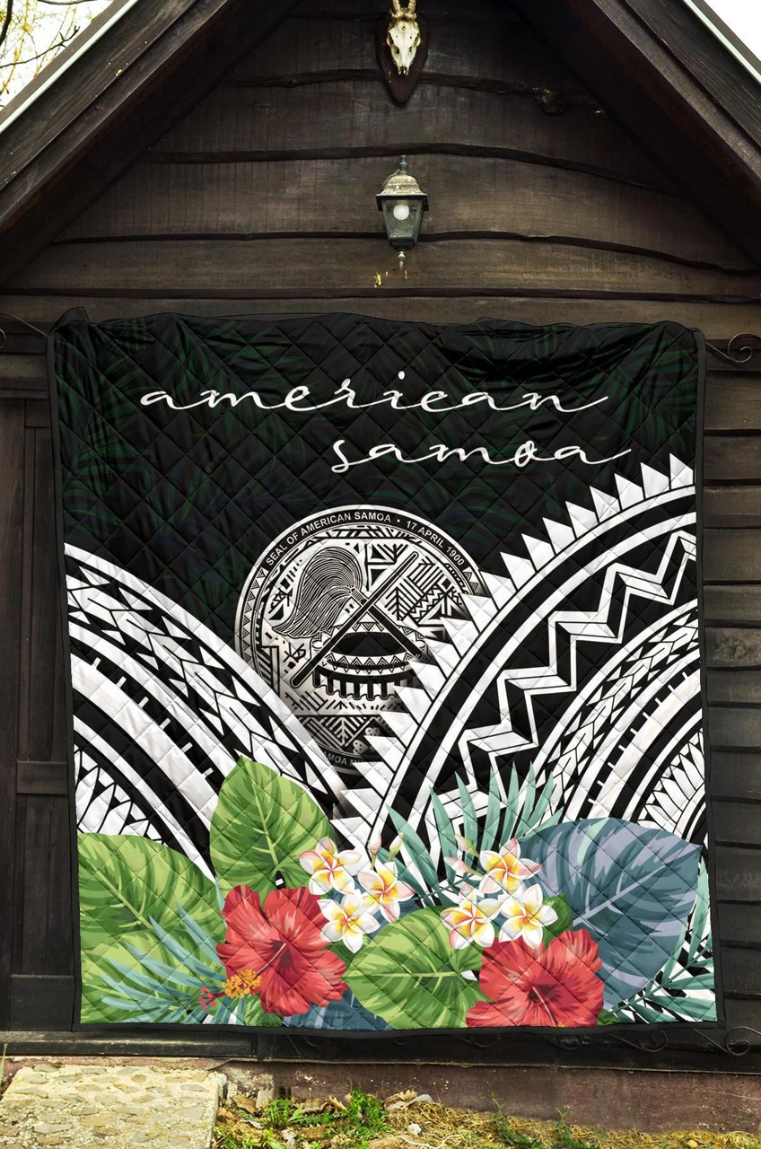 American Samoa Premium Quilt - American Samoa Coat of Arms & Polynesian Tropical Flowers White 5