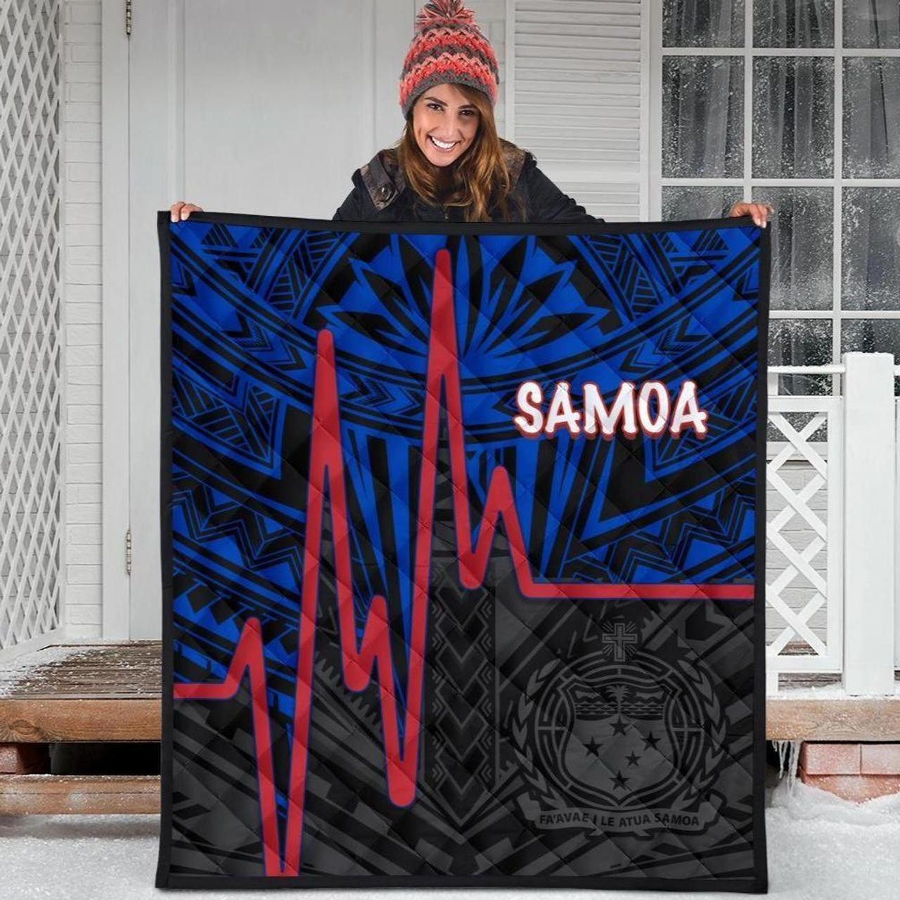 Samoa Premium Quilt - Samoa Seal With Polynesian Patterns In Heartbeat Style(Blue) 1