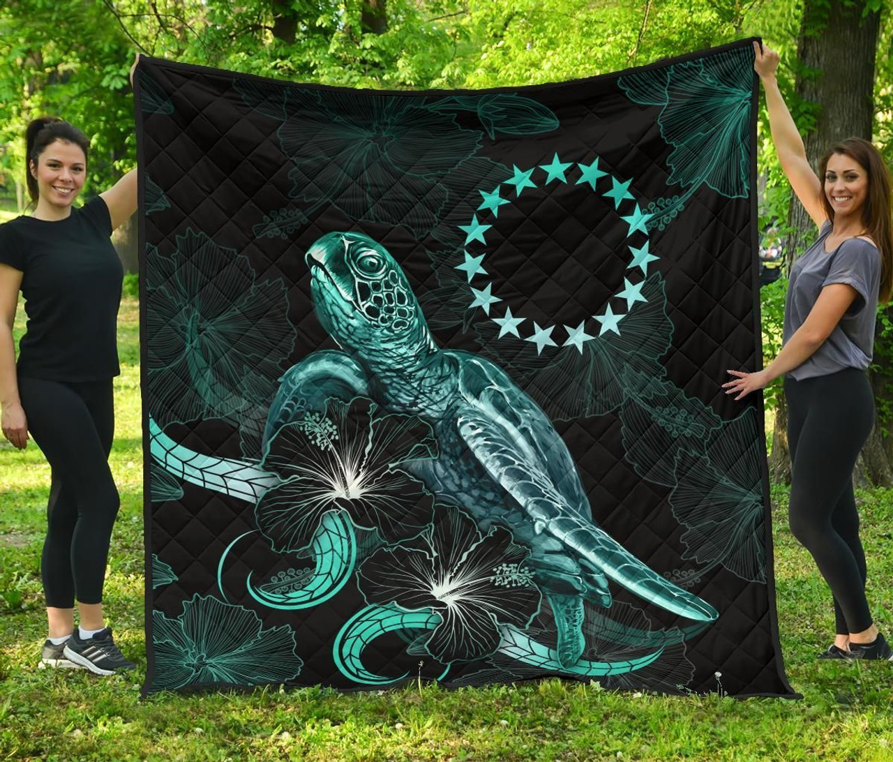 Cook Islands Polynesian Premium Quilt - Turtle With Blooming Hibiscus Turquoise 2