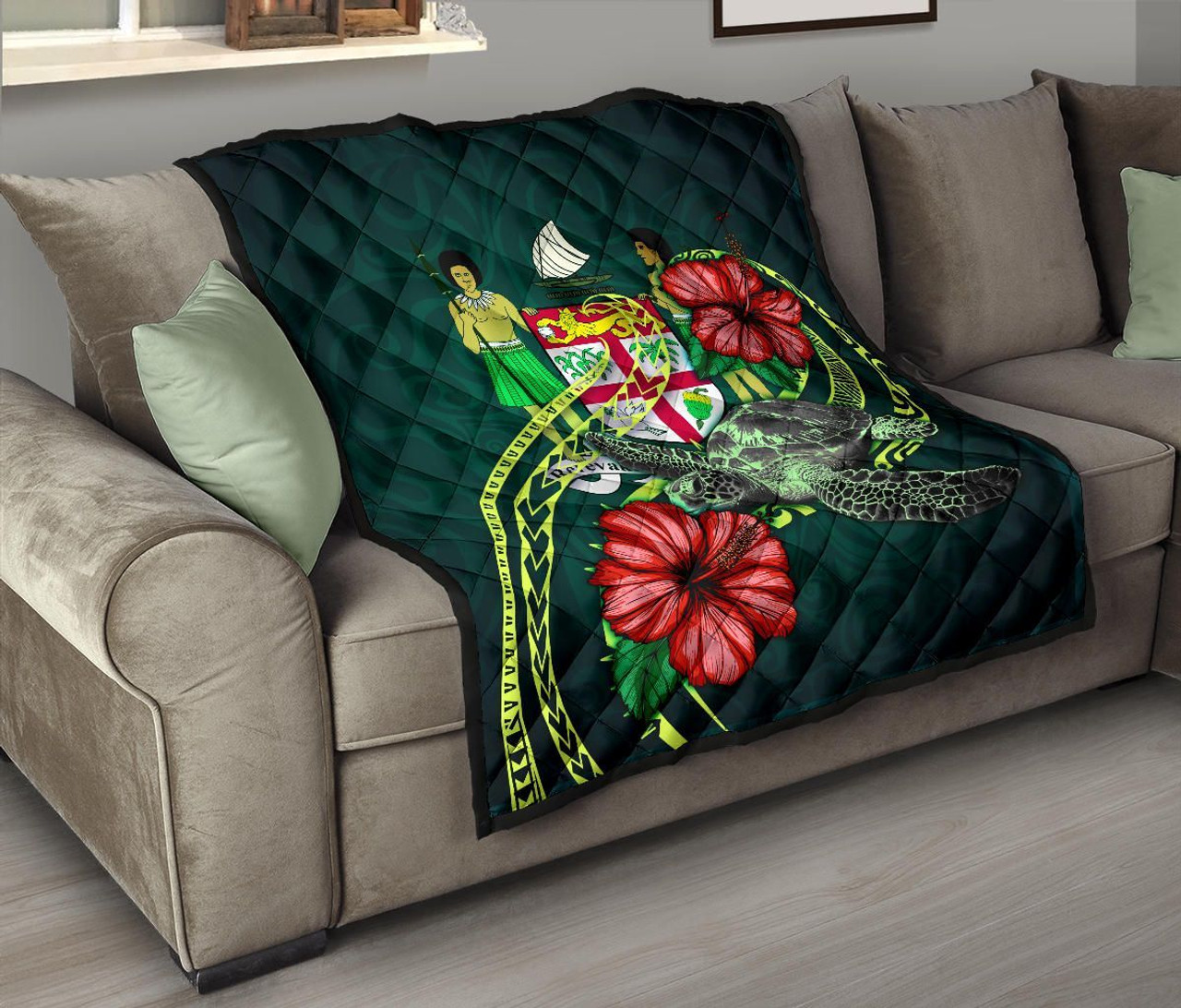 Fiji Polynesian Premium Quilt - Green Turtle Hibiscus 7