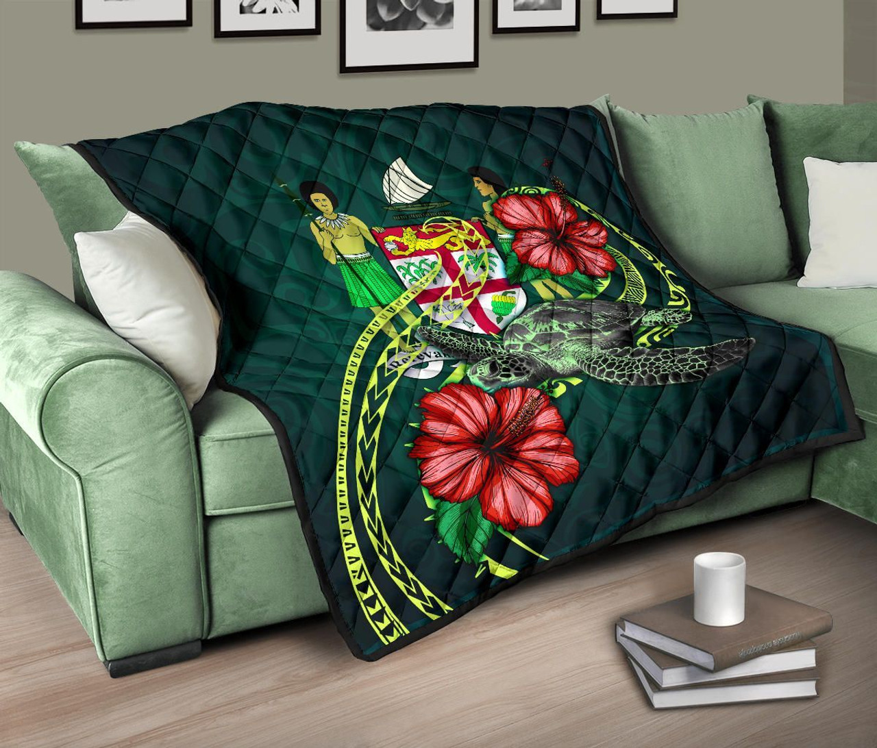 Fiji Polynesian Premium Quilt - Green Turtle Hibiscus 8