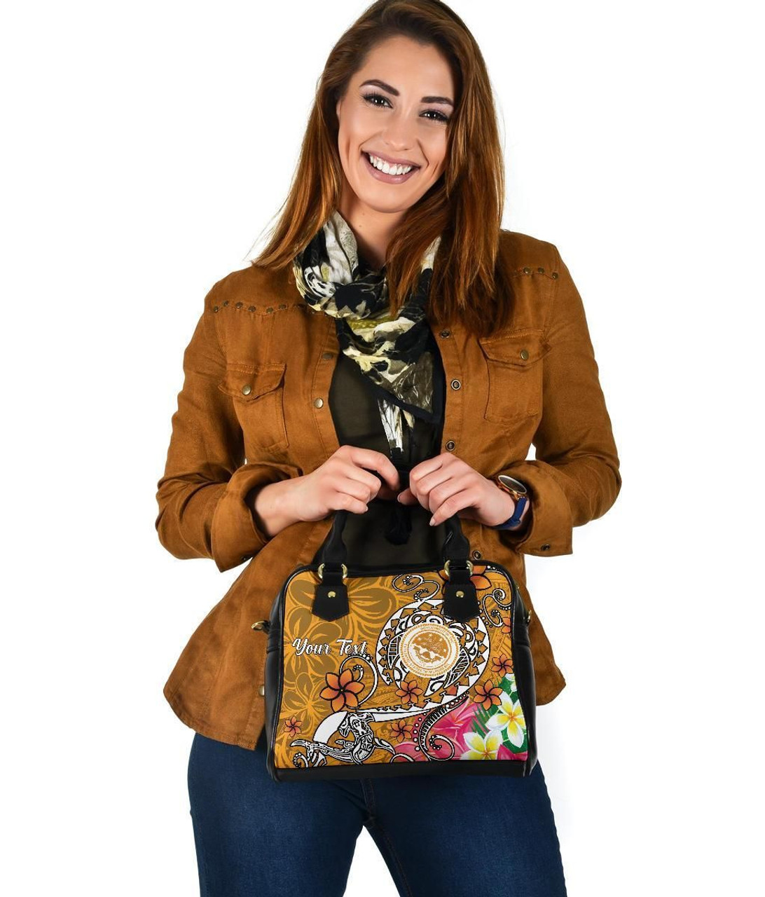 FSM Custom Personalised Shoulder Handbag - Turtle Plumeria (Gold) 4