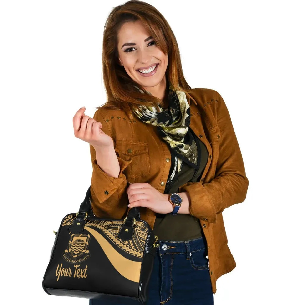 Tuvalu Custom Personalised Shoulder Handbag - Gold Polynesian Tentacle Tribal Pattern 3