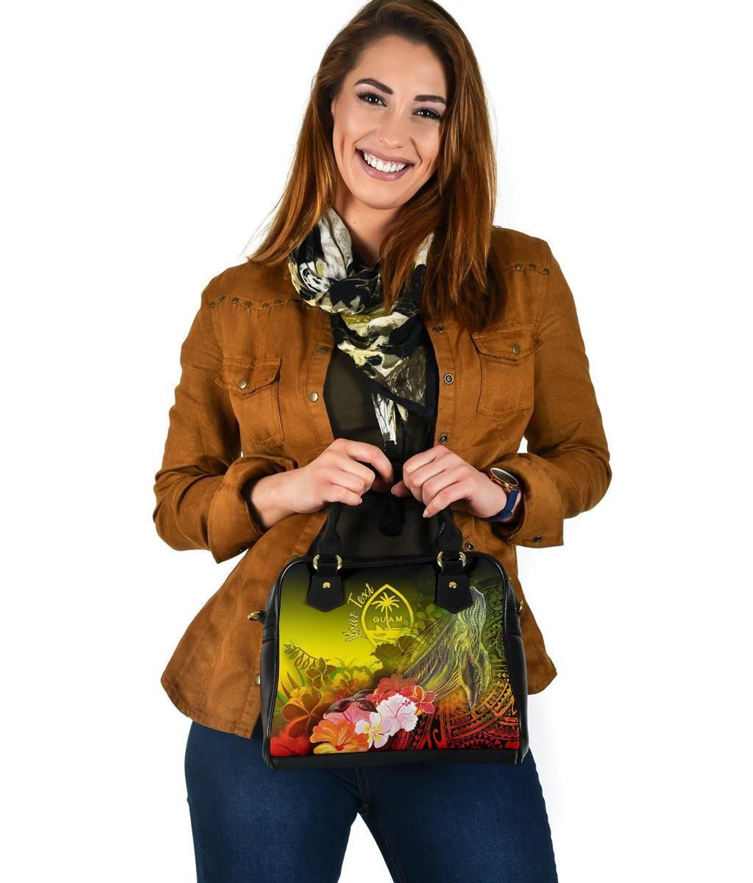 Guam Custom Personalised Shoulder Handbag - Humpback Whale With Tropical Flowers (Yellow) 4