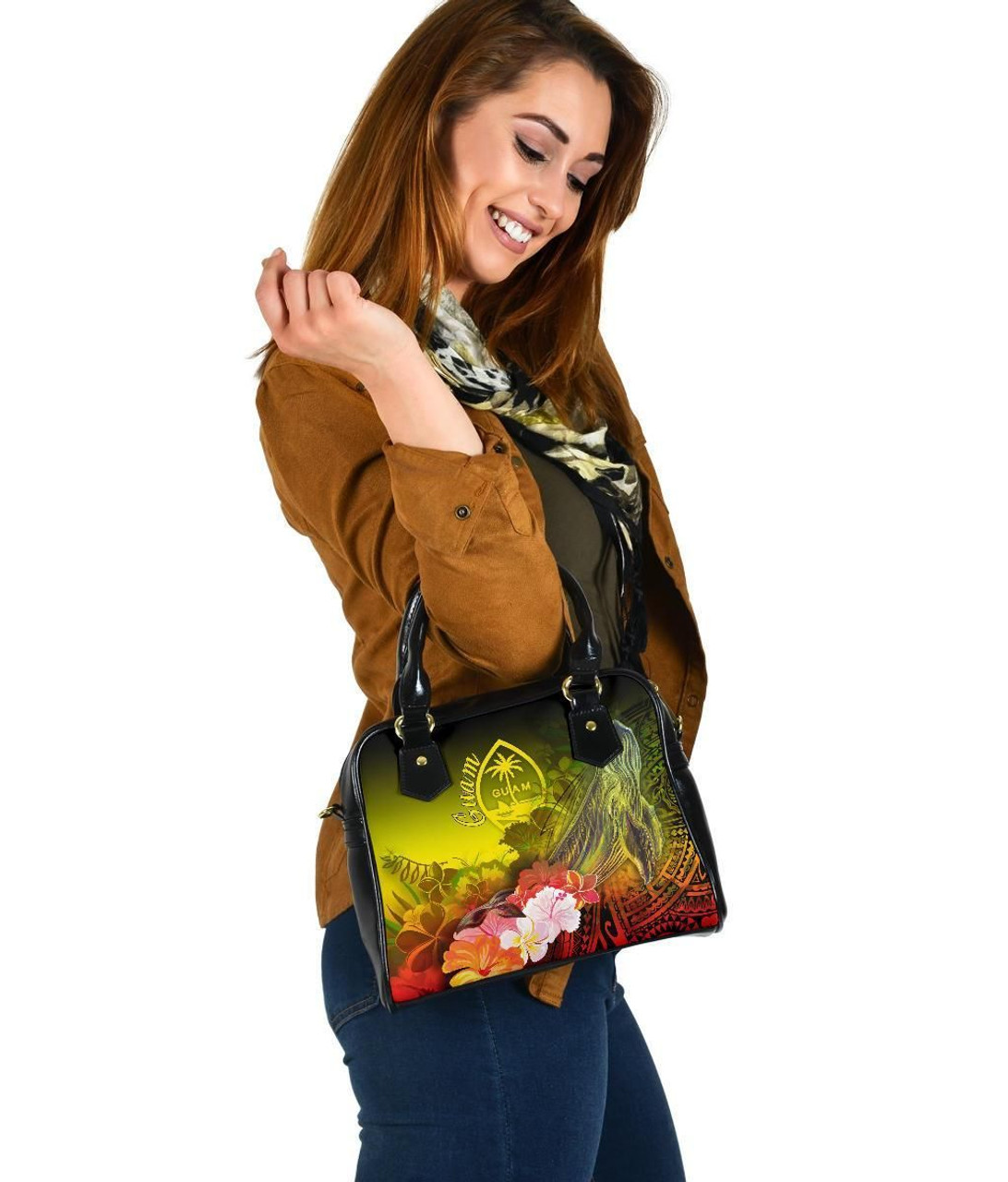 Guam Shoulder Handbag - Humpback Whale With Tropical Flowers (Yellow) 2