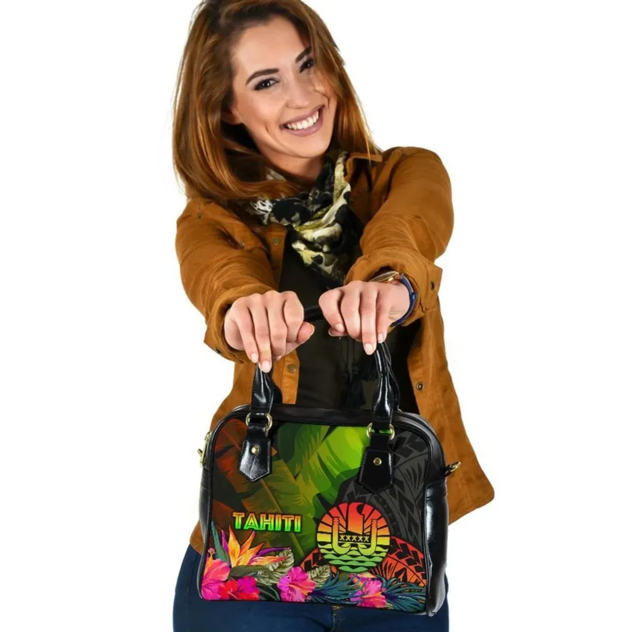Tahiti Polynesian Shoulder Handbag - Hibiscus And Banana Leaves 1