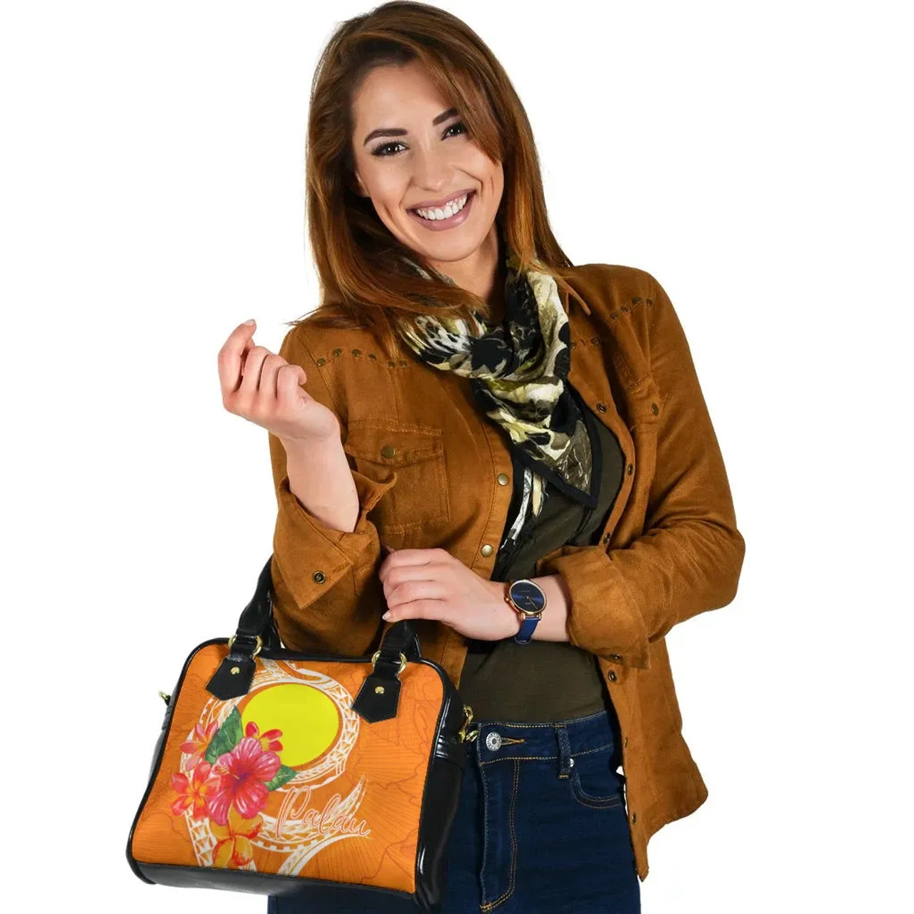 Palau Polynesian Shoulder Handbag - Orange Floral With Seal 5