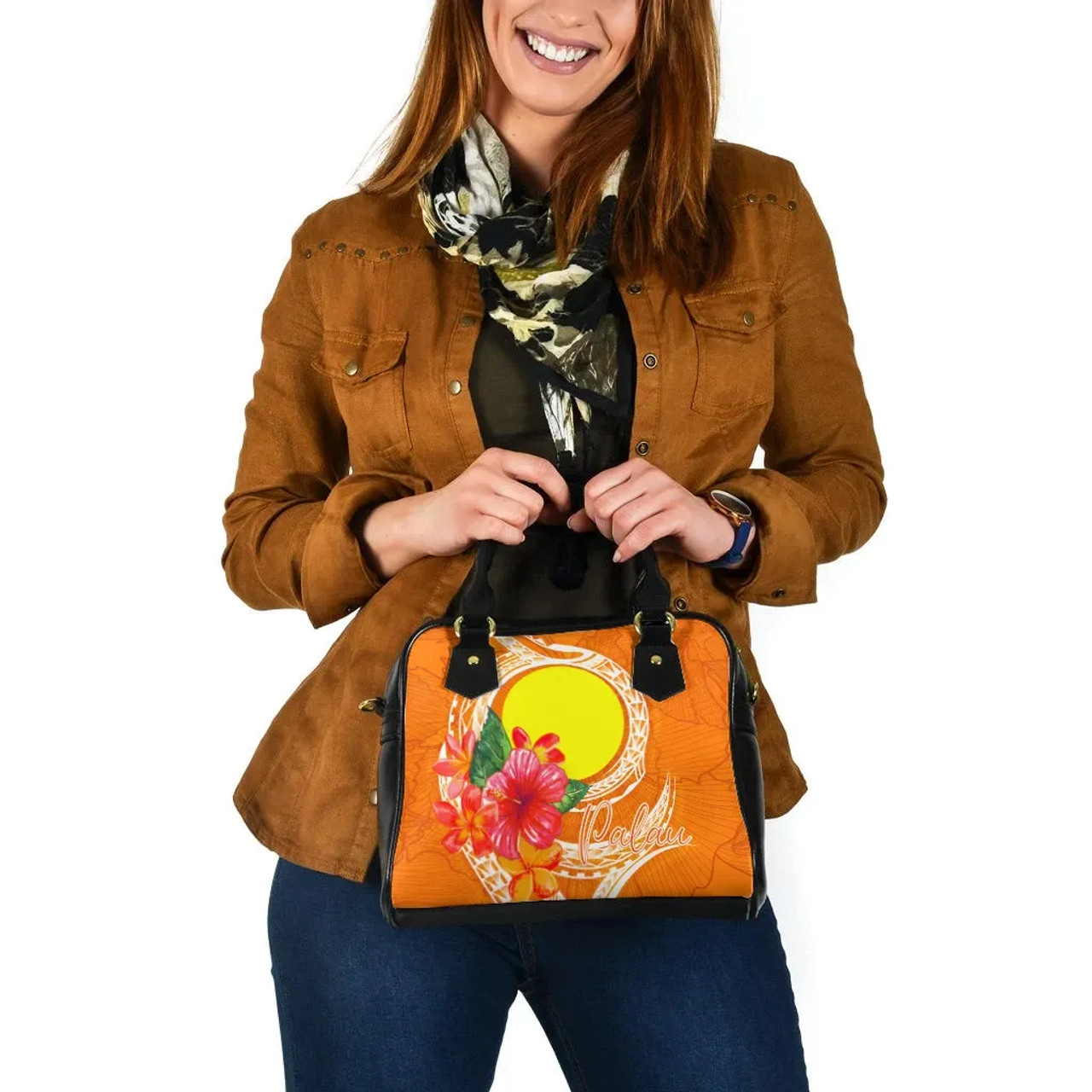 Palau Polynesian Shoulder Handbag - Orange Floral With Seal 6