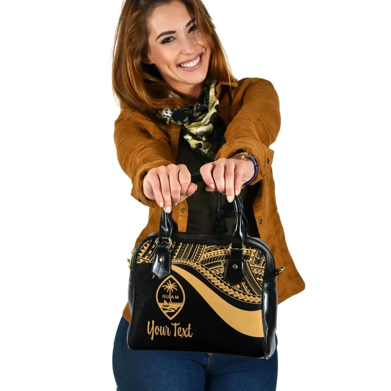 Guam Custom Personalised Shoulder Handbag - Gold Polynesian Tentacle Tribal Pattern 1