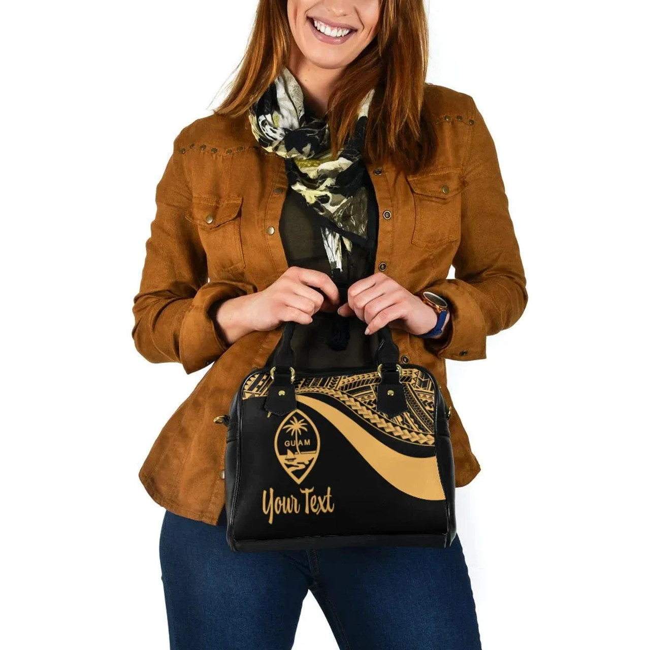 Guam Custom Personalised Shoulder Handbag - Gold Polynesian Tentacle Tribal Pattern 4