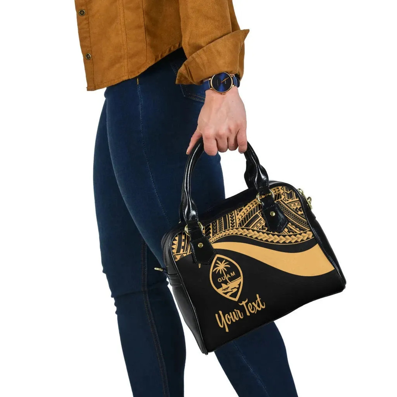 Guam Custom Personalised Shoulder Handbag - Gold Polynesian Tentacle Tribal Pattern 6