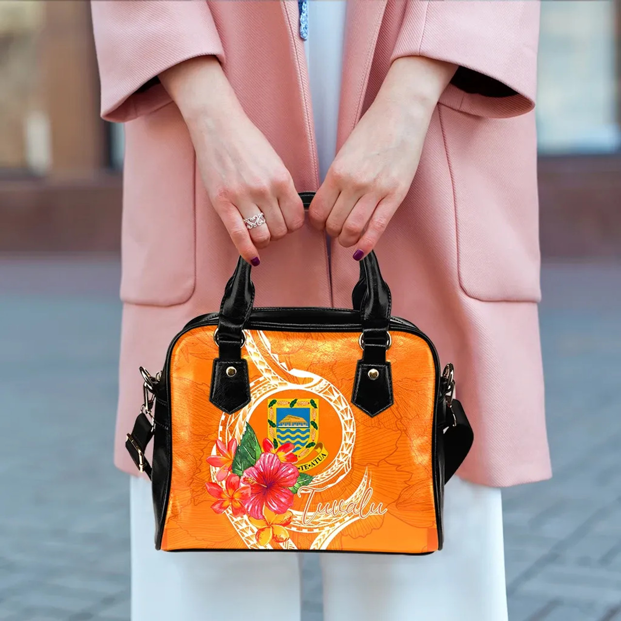 Tuvalu Polynesian Shoulder Handbag - Orange Floral With Seal 10