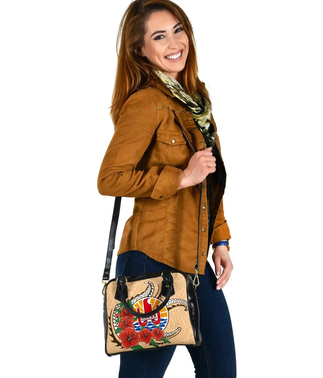 Tahiti Polynesian Shoulder Handbag - Hibiscus Coat Of Arm Beige 5