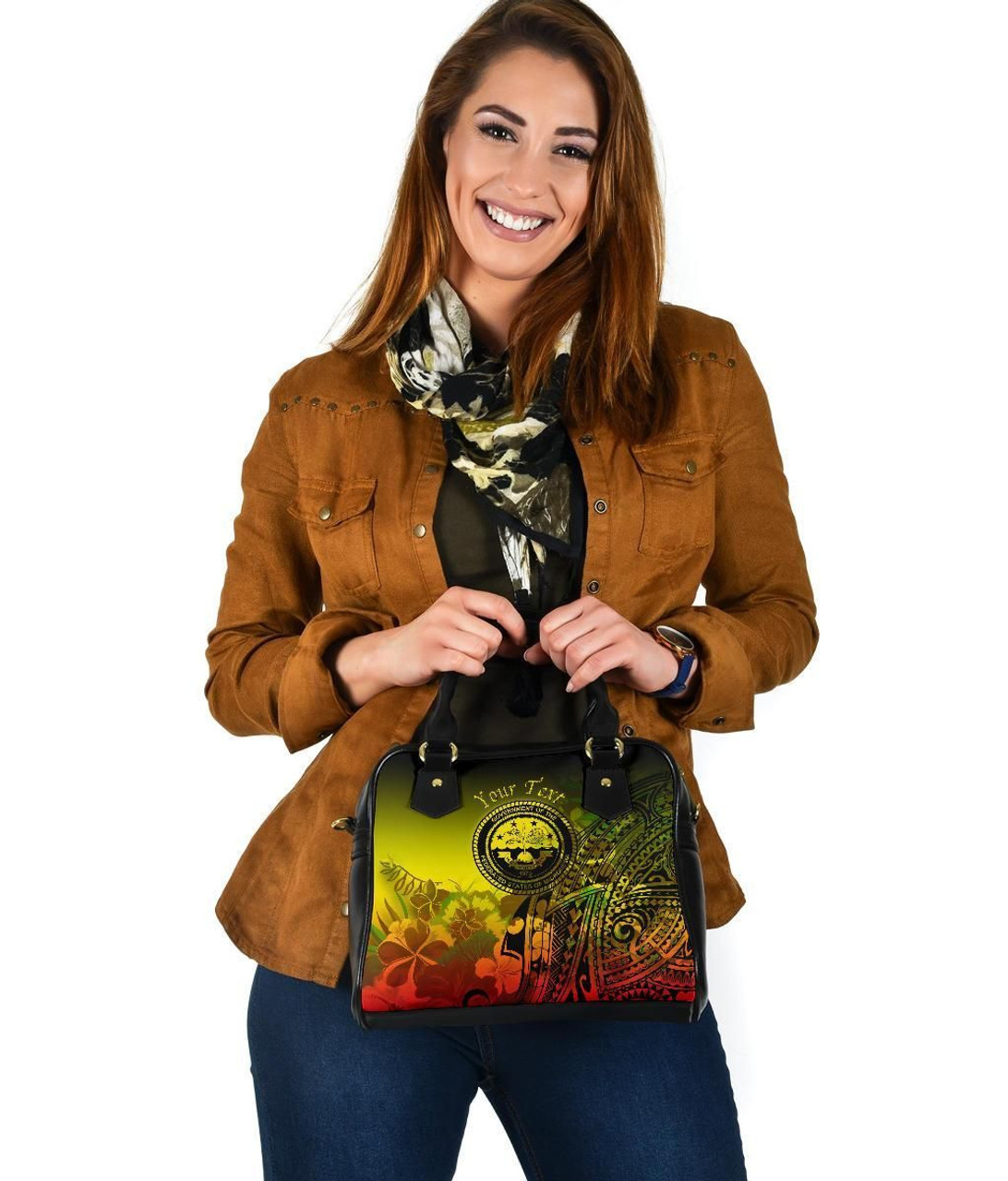 Federated States Of Micronesia Custom Personalised Shoulder Handbag - Humpback Whale With Tropical Flowers (Yellow) 4