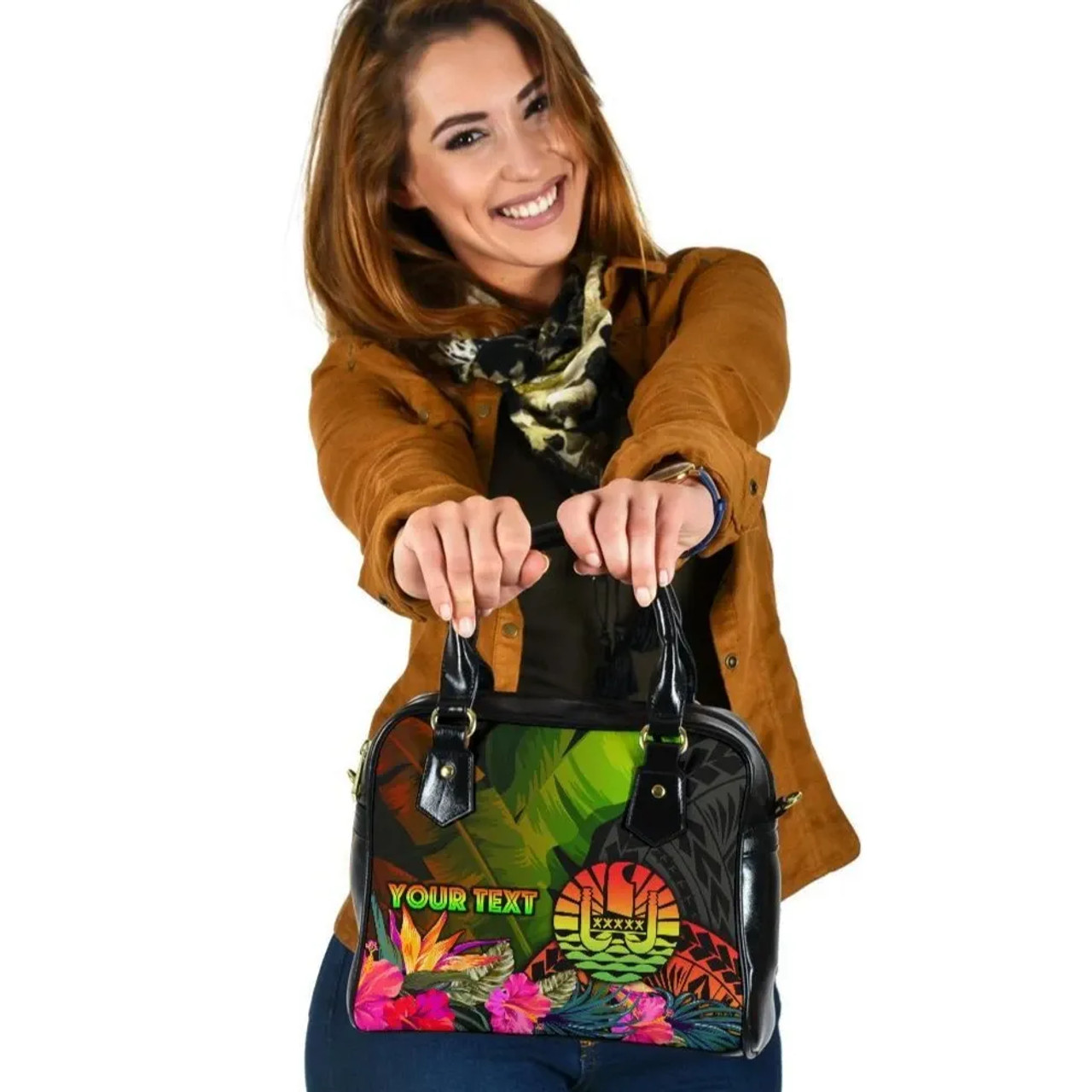 Tahiti Polynesian Personalised Shoulder Handbag - Hibiscus And Banana Leaves 1