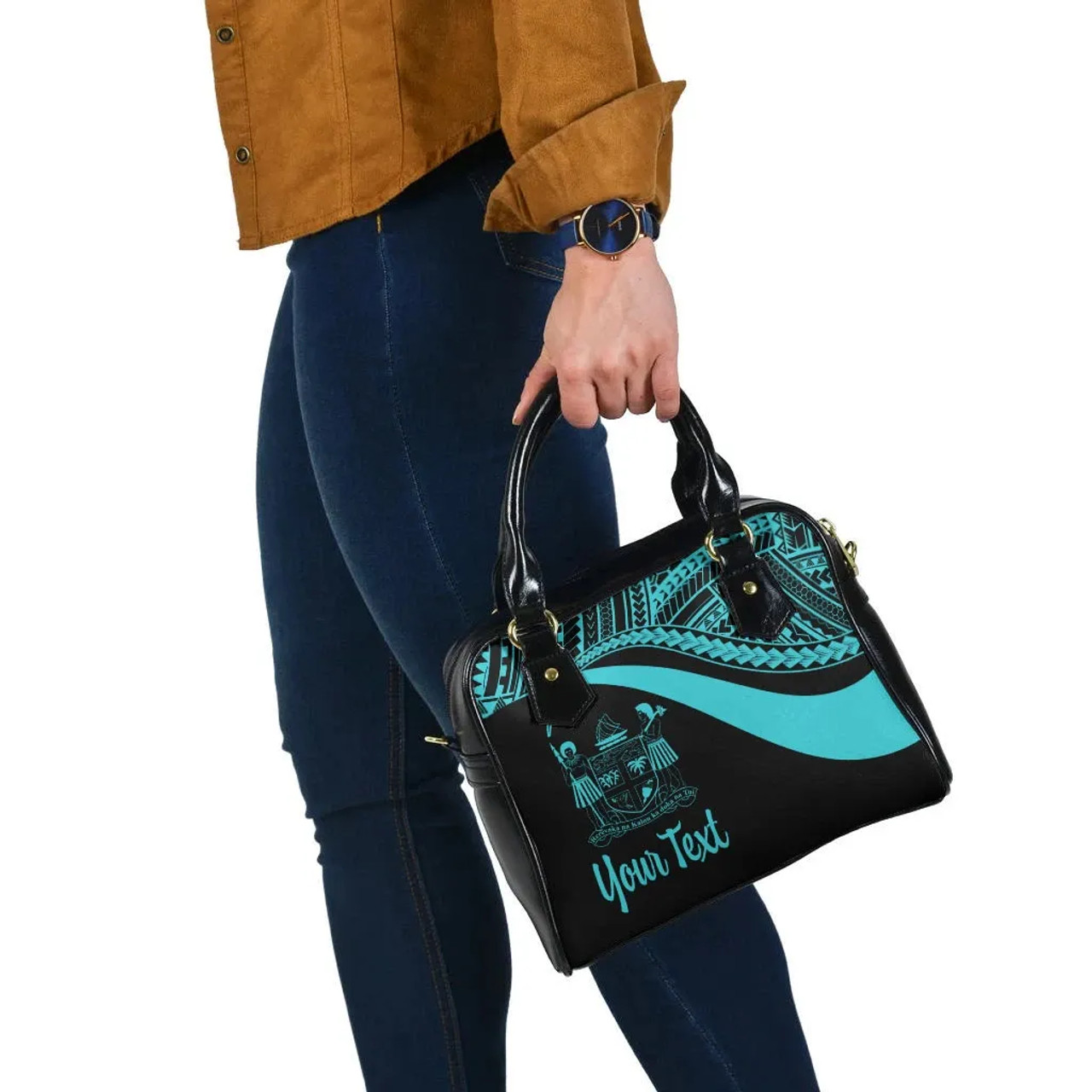 Fiji Custom Personalised Shoulder Handbag - Turquoise Polynesian Tentacle Tribal Pattern Crest 6