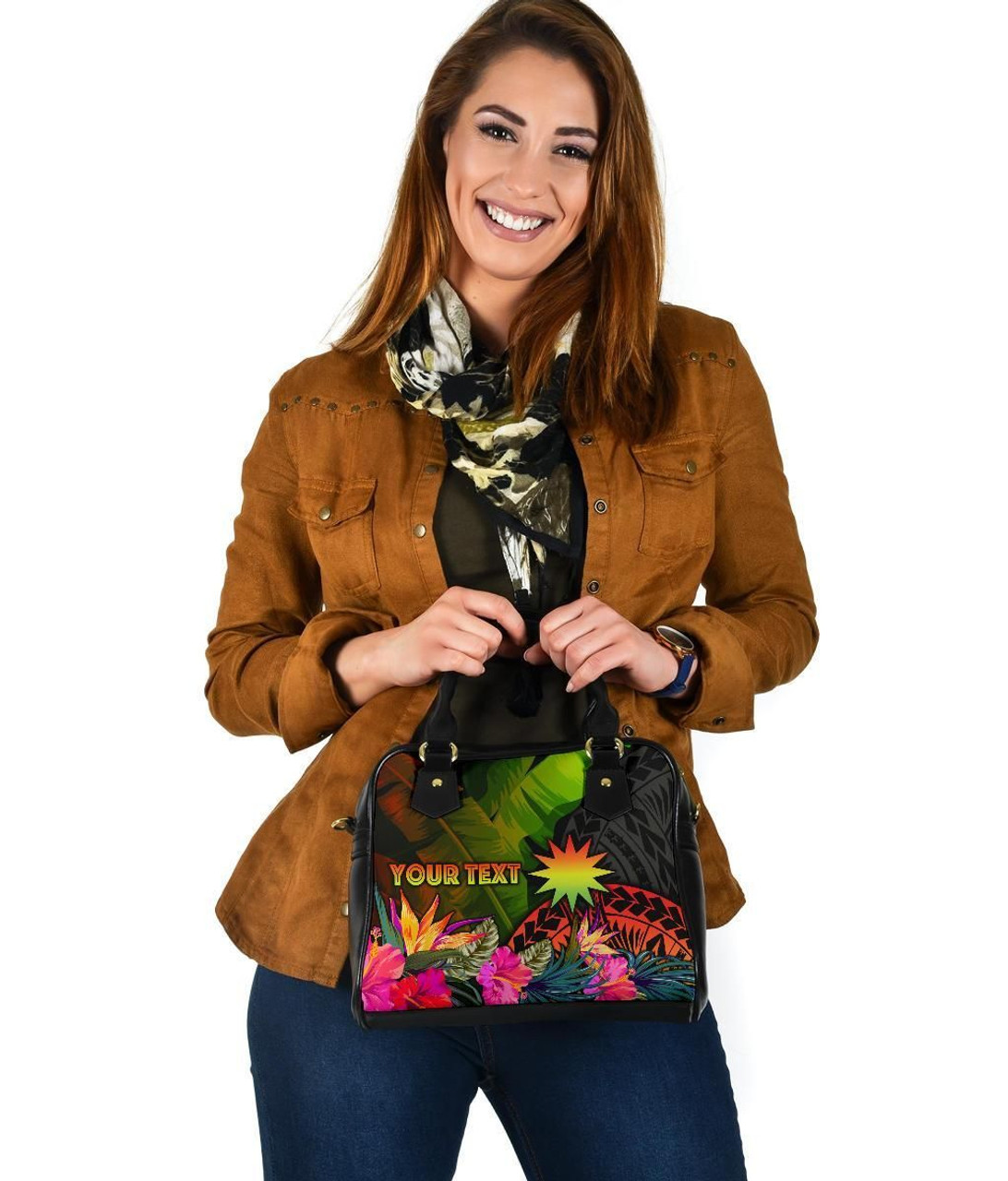 Nauru Polynesian Personalised Shoulder Handbag - Hibiscus And Banana Leaves 4