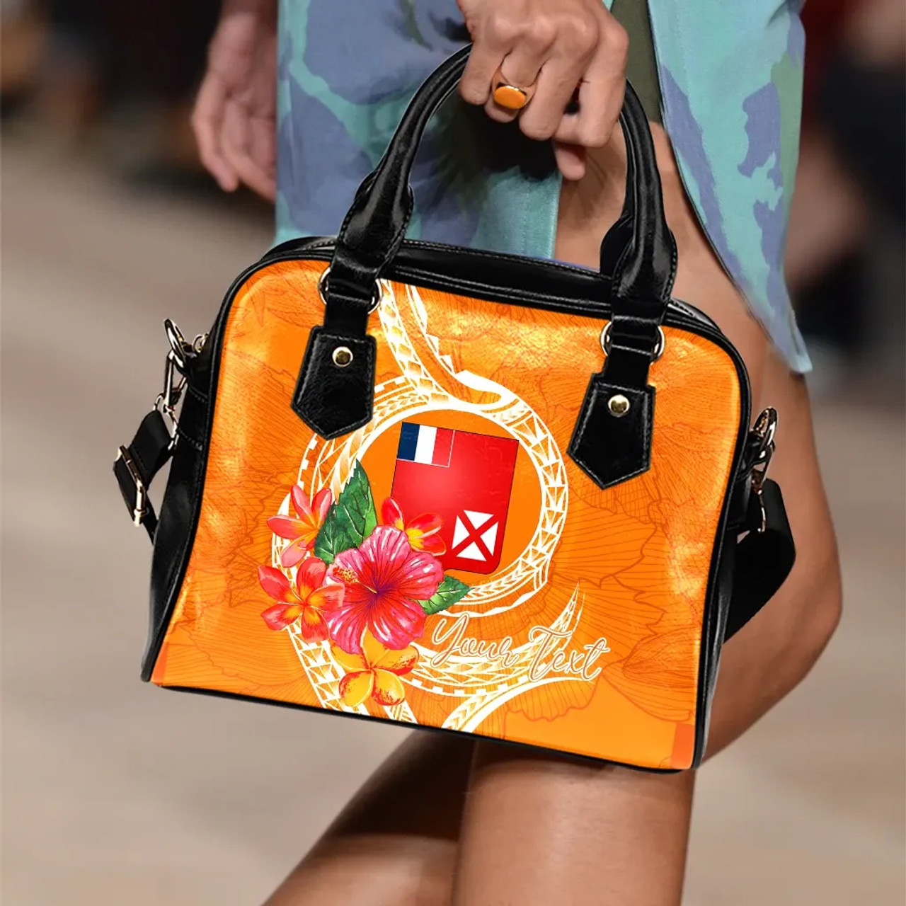 Wallis And Futuna Polynesian Custom Personalised Shoulder Handbag - Orange Floral With Seal 2