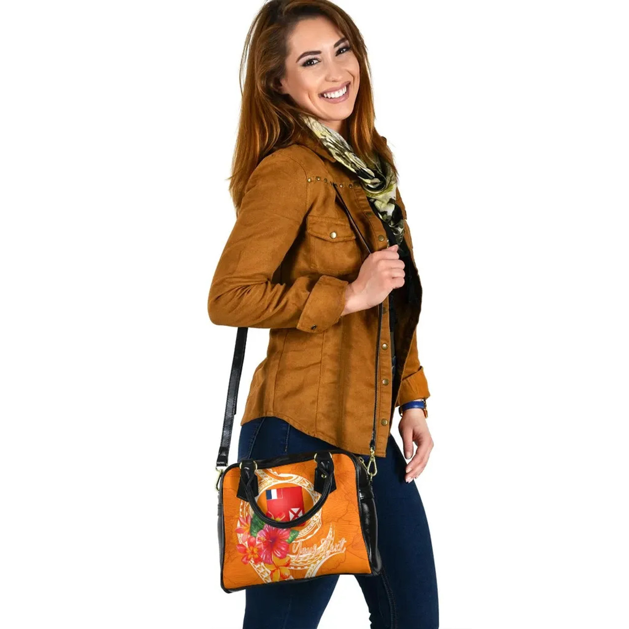 Wallis And Futuna Polynesian Custom Personalised Shoulder Handbag - Orange Floral With Seal 7