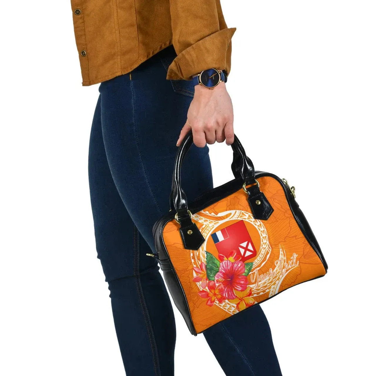 Wallis And Futuna Polynesian Custom Personalised Shoulder Handbag - Orange Floral With Seal 8