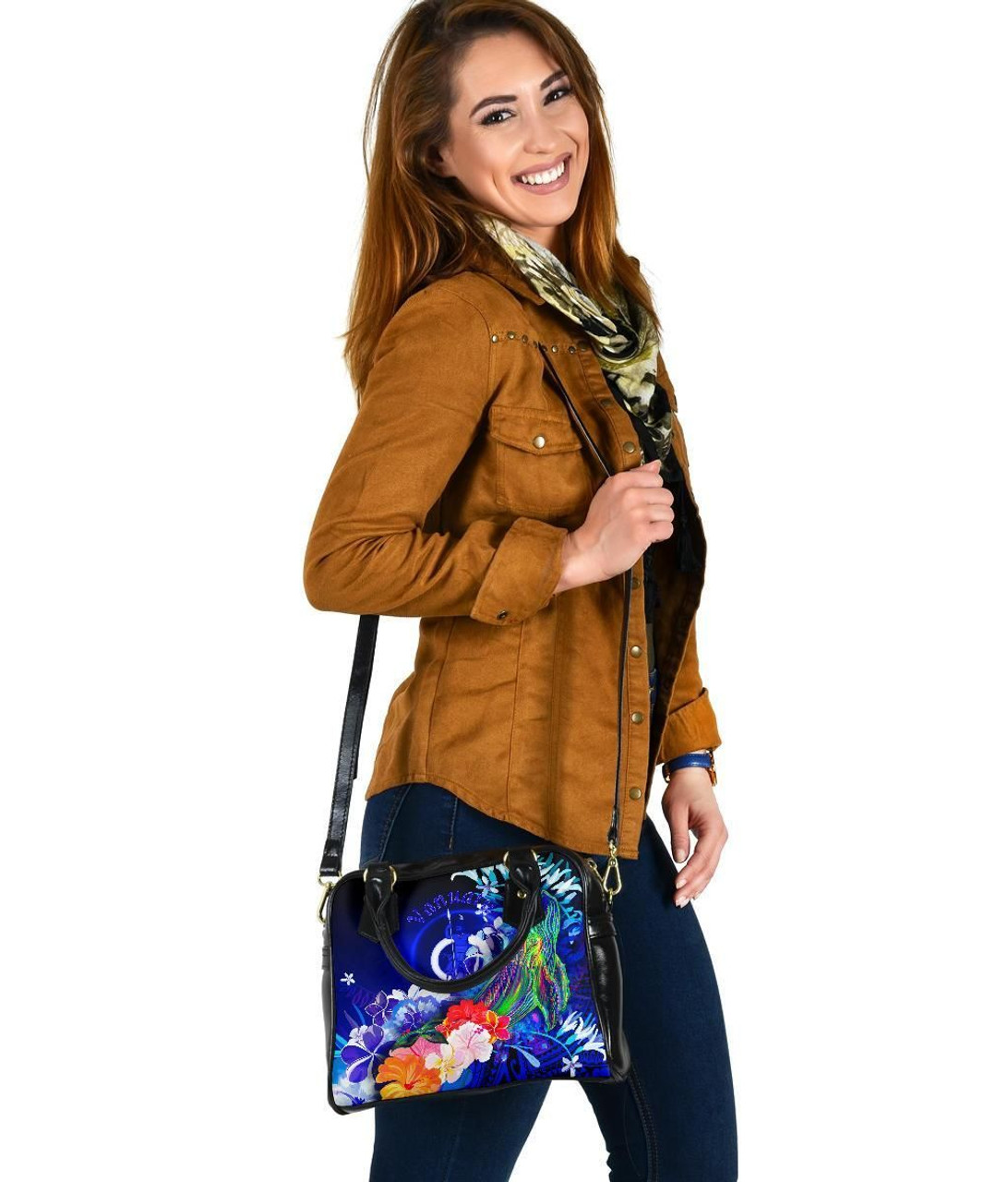 Vanuatu Shoulder Handbag - Humpback Whale With Tropical Flowers (Blue) 5