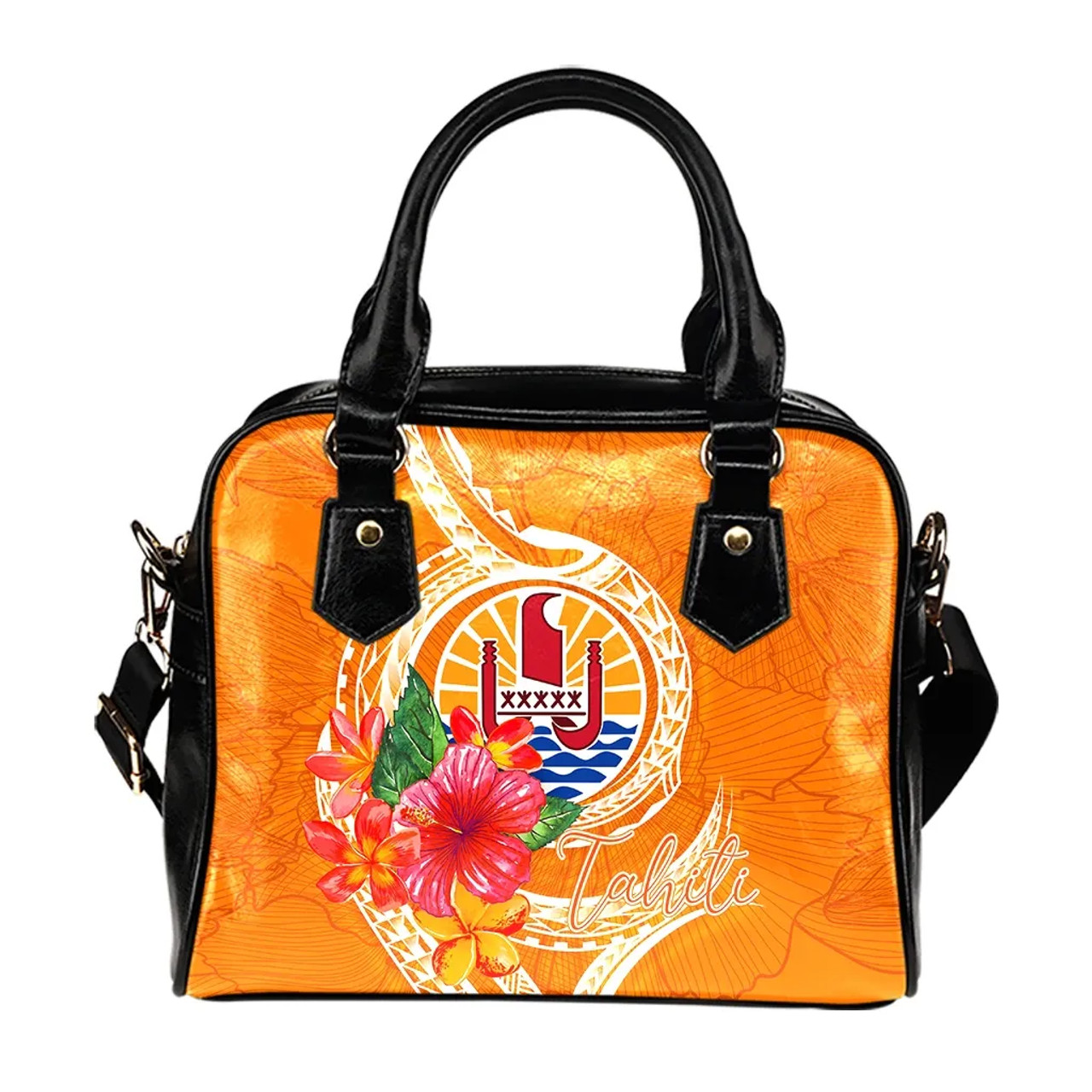 Tahiti Polynesian Shoulder Handbag - Orange Floral With Seal 1