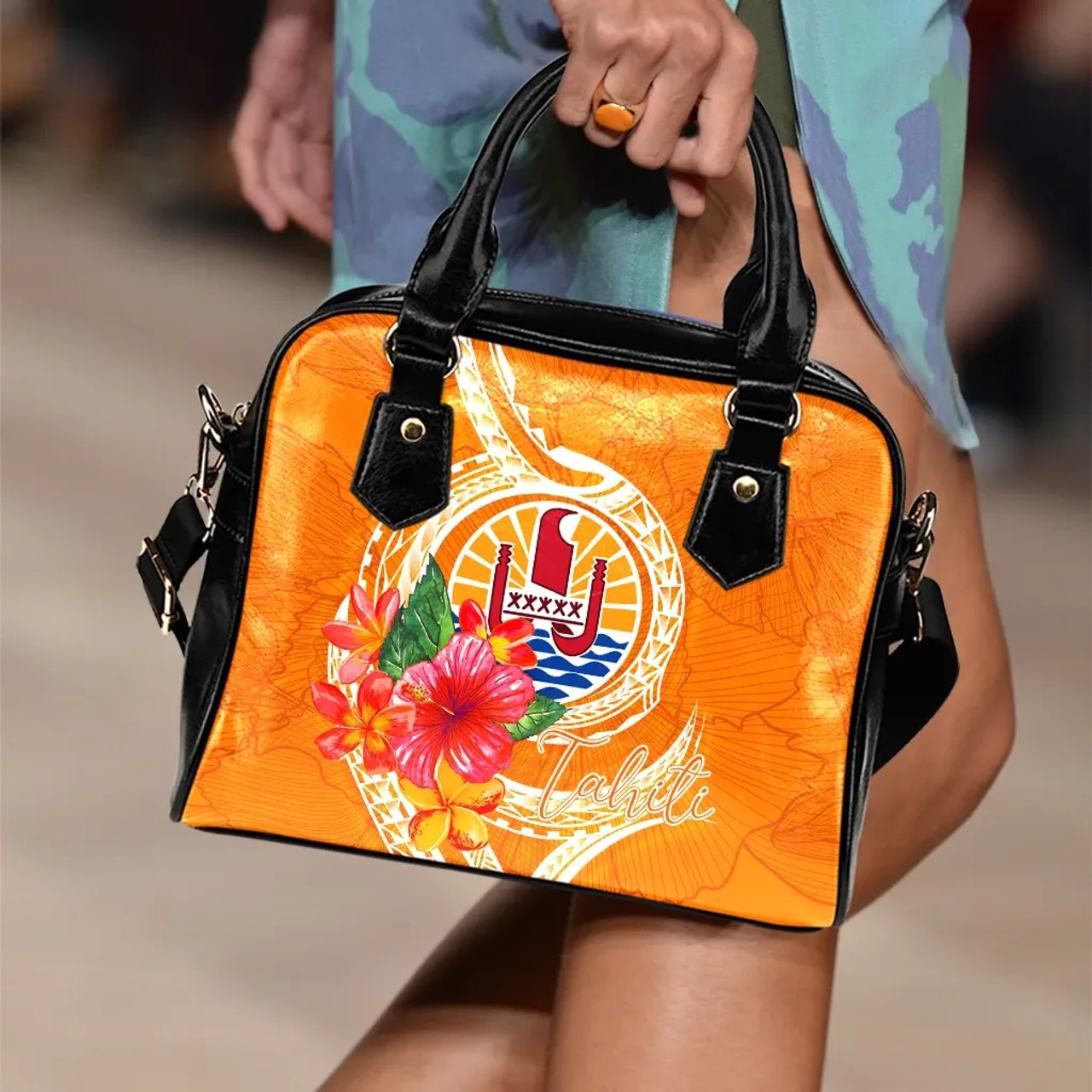 Tahiti Polynesian Shoulder Handbag - Orange Floral With Seal 2