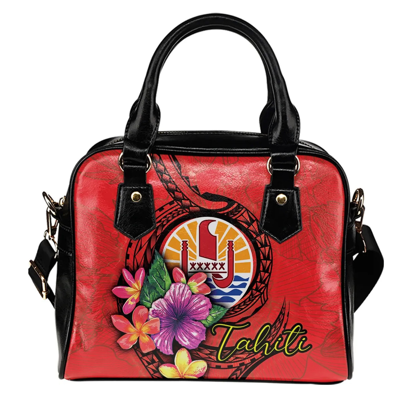 Tahiti Polynesian Shoulder Handbag - Floral With Seal Red 1