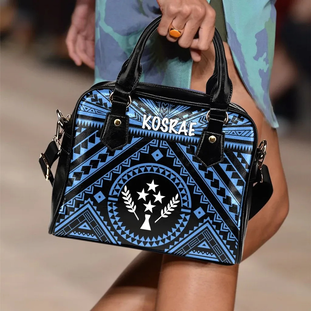 Kosrae Shoulder Handbag - Kosrae Flag In Polynesian Tattoo Style (Blue) 1