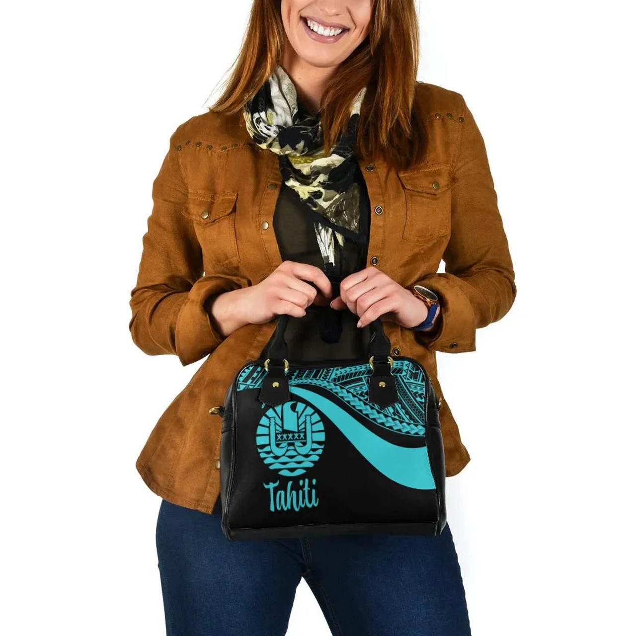 Tahiti Shoulder Handbag - Turquoise Polynesian Tentacle Tribal Pattern 4