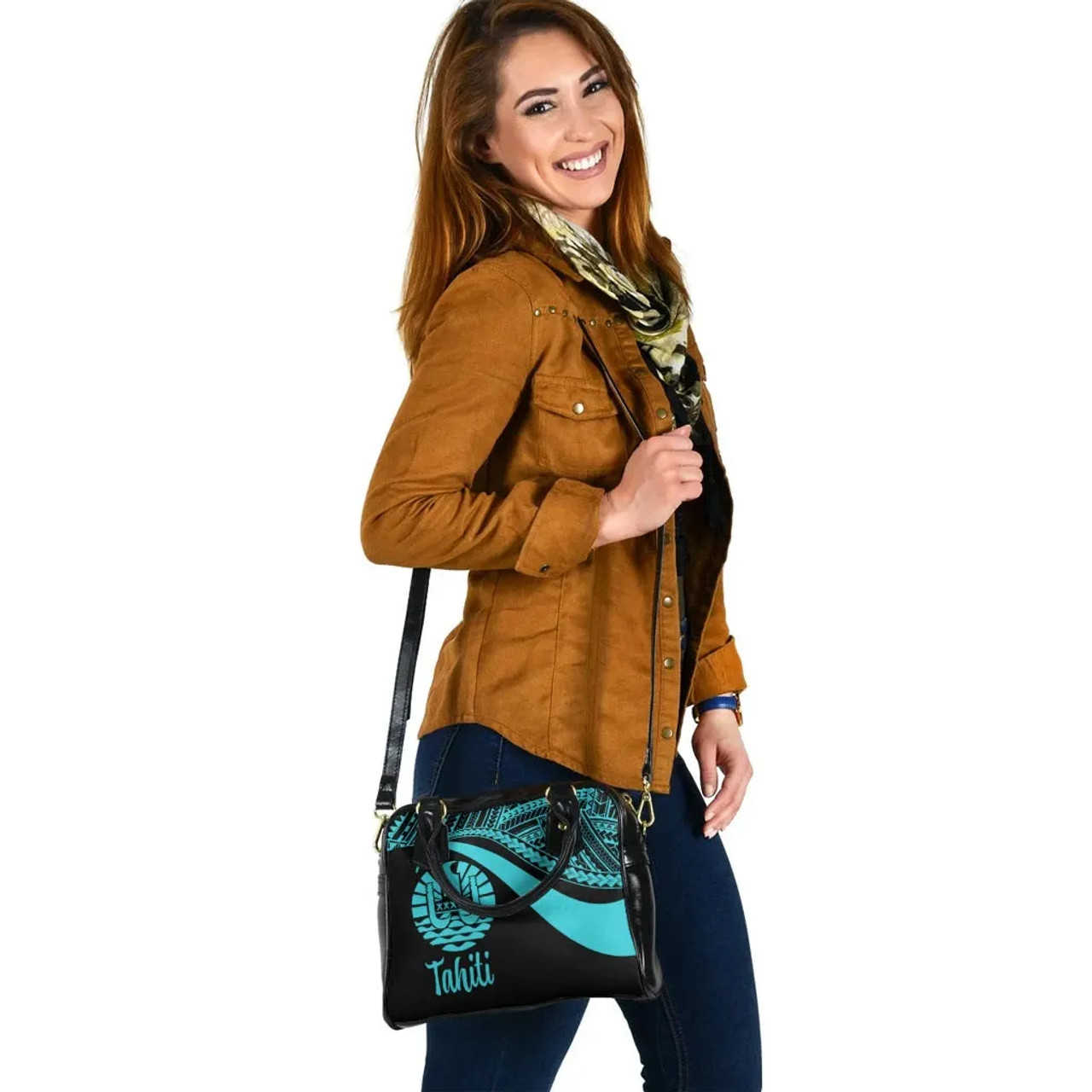 Tahiti Shoulder Handbag - Turquoise Polynesian Tentacle Tribal Pattern 5